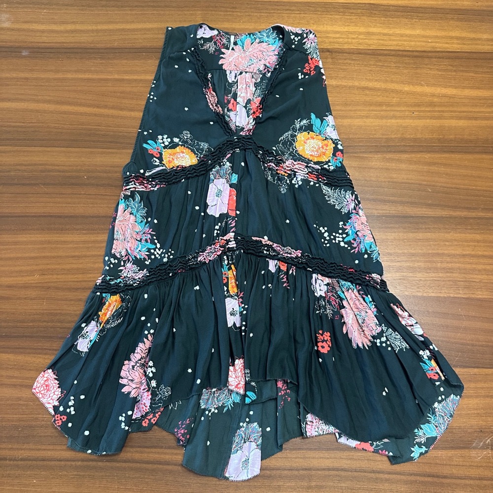 Free People Haze Black Floral Tunic Top XS Mini Dress Coverup Boho Country - Picture 5 of 11